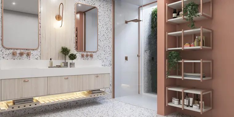 Banheiro planejado estilo spa com marcenaria e bancada dupla