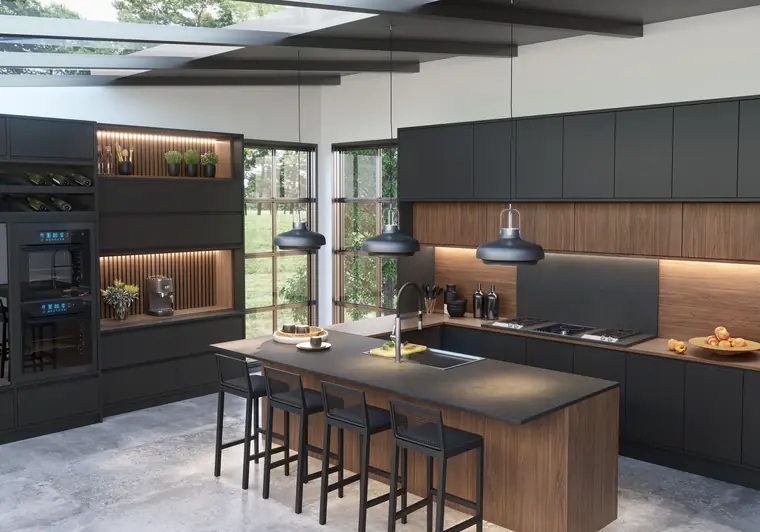 Cozinha planejada contemporânea com marcenaria escura e ilha com bancada