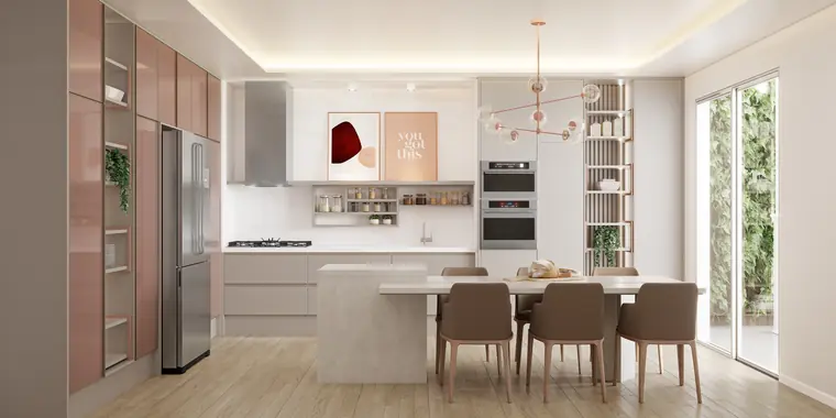 Cozinha planejada em tons rosé com iluminação embutida