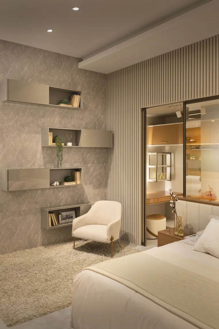 Closet planejado com iluminação embutida e prateleiras sob medida