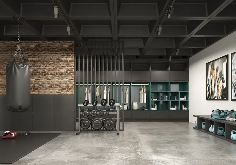 Espaço fitness planejado dentro de casa com marcenaria funcional