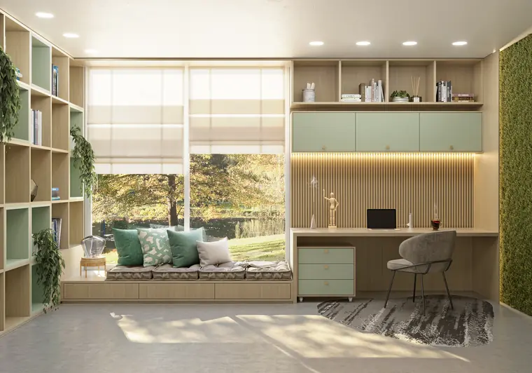 Home office planejado clean com bancada de estudos e estante