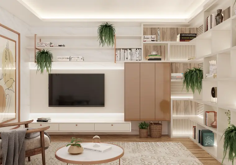 Sala de estar planejada com painel de TV e estante integrada